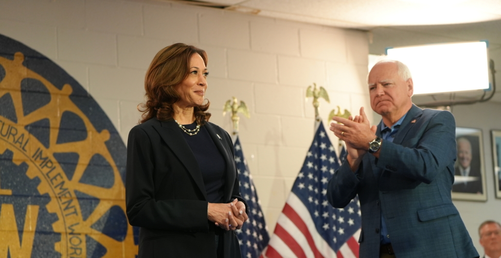 Photo of Vice President Kamala Harris and Minnesota Governor Tim Walz at the UAW Local 900 union hall in Wayne, MI on August 8, 2024.