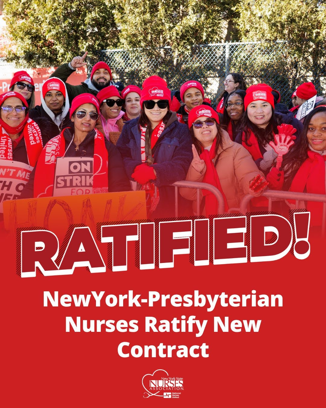 Picture of NYSNA members with text overlay that reads, "Ratified! New York–Presbyterian nurses ratify new contract."