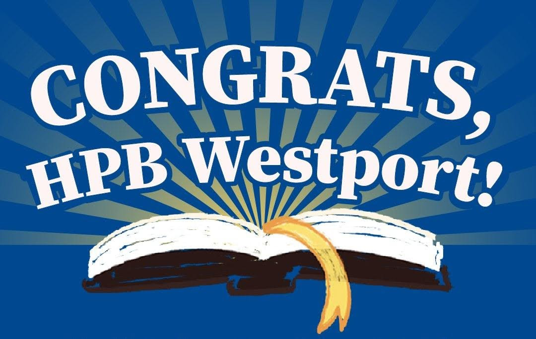 A graphic with an illustration of an open book and text that reads, “Congrats, HPB Westport!”