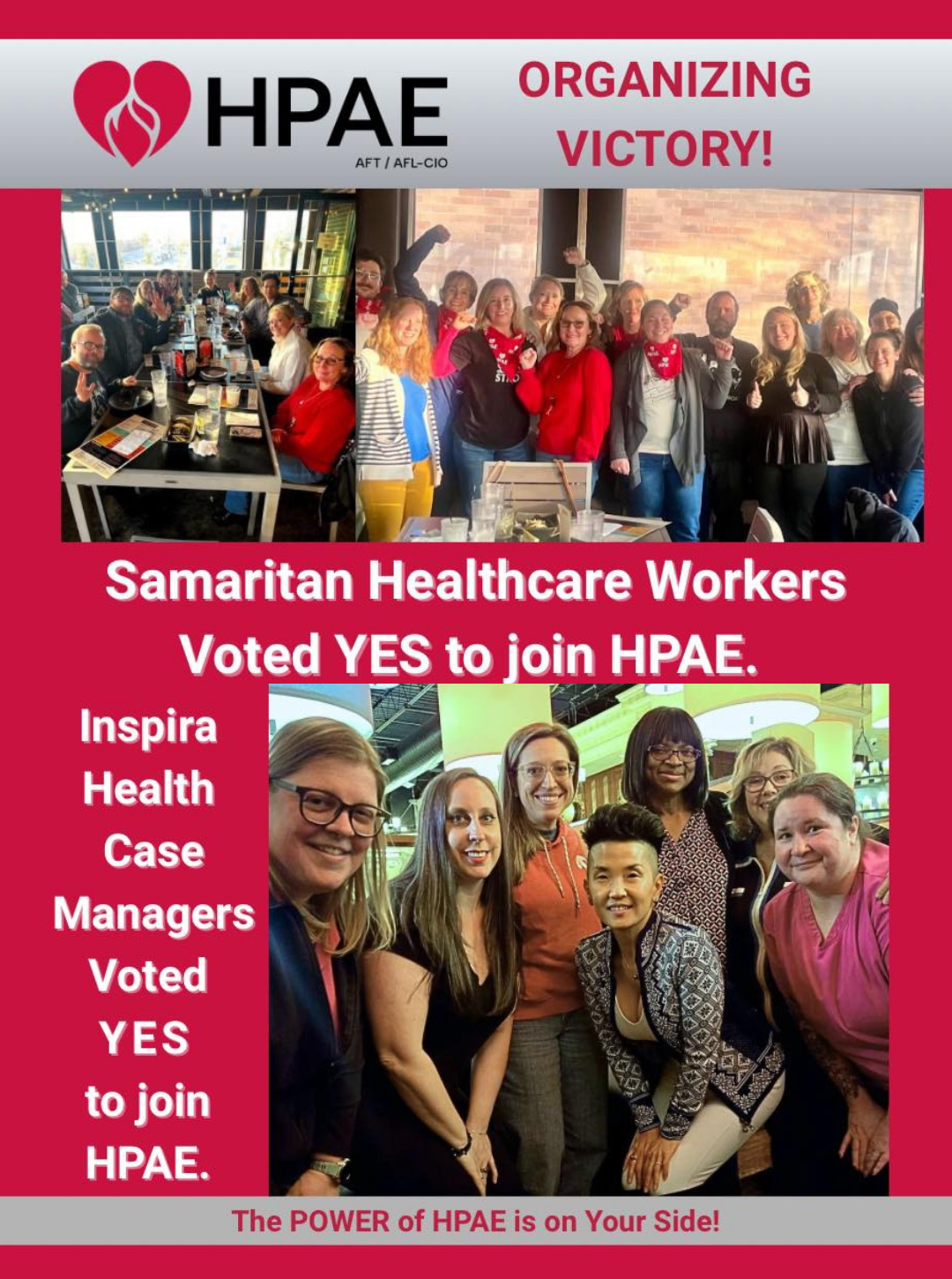 A graphic featuring photos of workers with text overlay that reads, ”Samaritan Healthcare workers voted yes to join HPAE” and “Inspira Health case managers voted yes to join HPAE.”