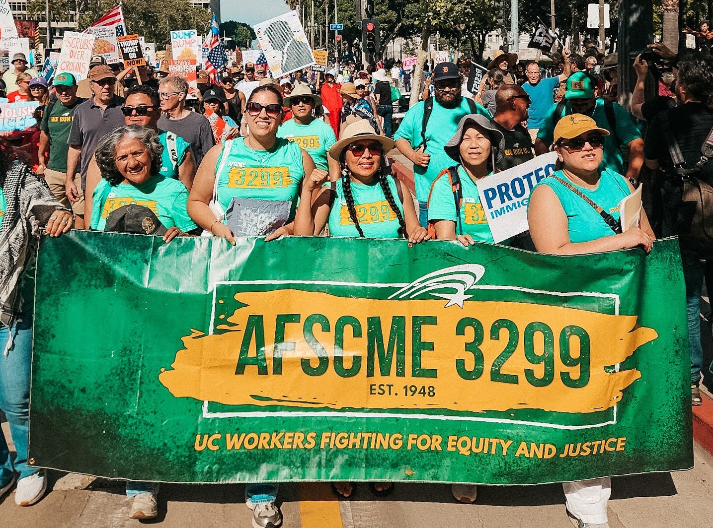 AFSCME members march at a California No Kings event.