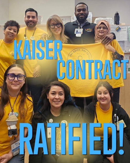 Image of UFCW members with text overlay that reads “Kaiser contract ratified.”