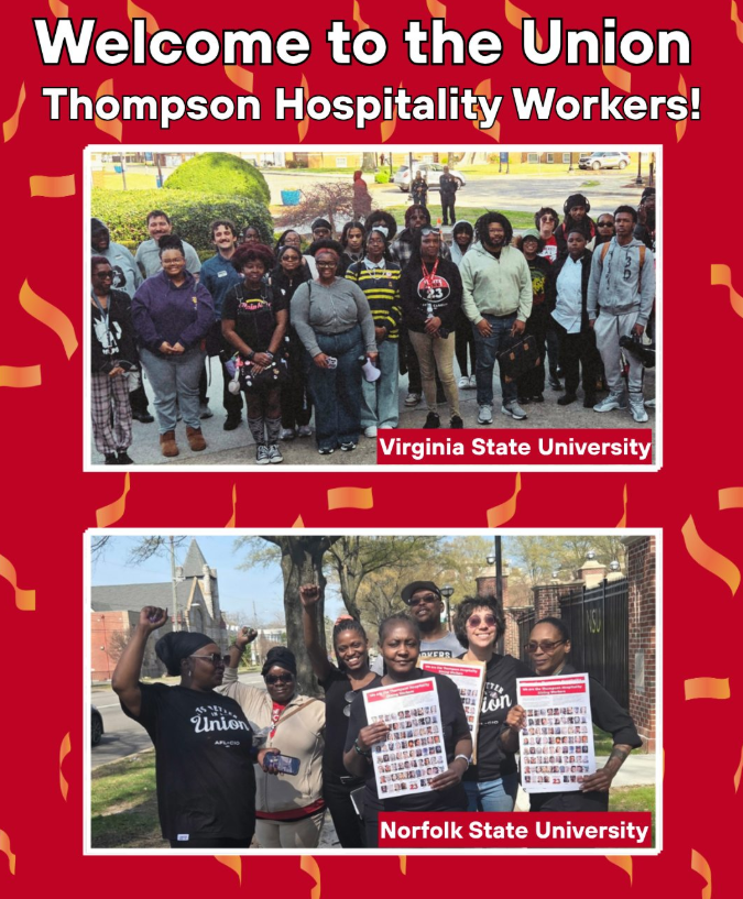 A graphic with group photos of VSU and NSU dining workers and text that reads “Welcome to the union, Thompson Hospitality workers!”