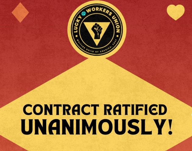 Lucky 8 Workers Union logo and text overlay that reads, “Contract ratified unanimously!”