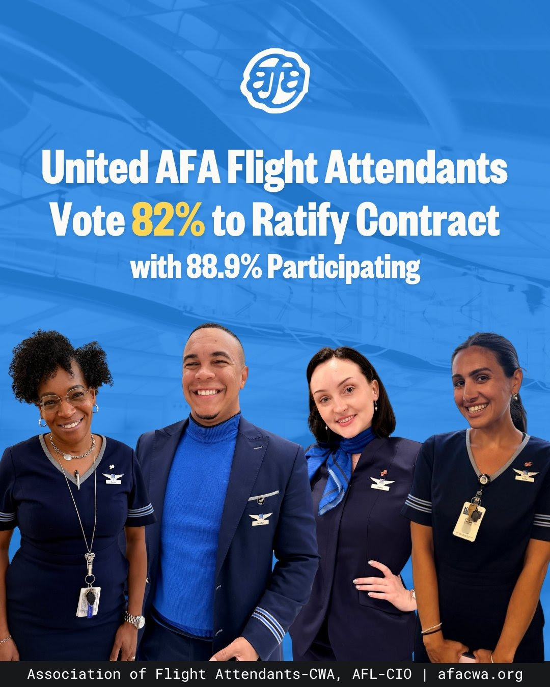 Graphic showing AFA-CWA members that reads, “United AFA Flight Attendants vote 82% to ratify contract with 88% participating. Association of Flight Attendants-CWA, AFL-CIO. afacwa.org.”