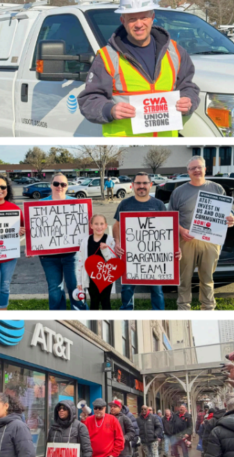 Collage of AT&T workers holding signs and marching.