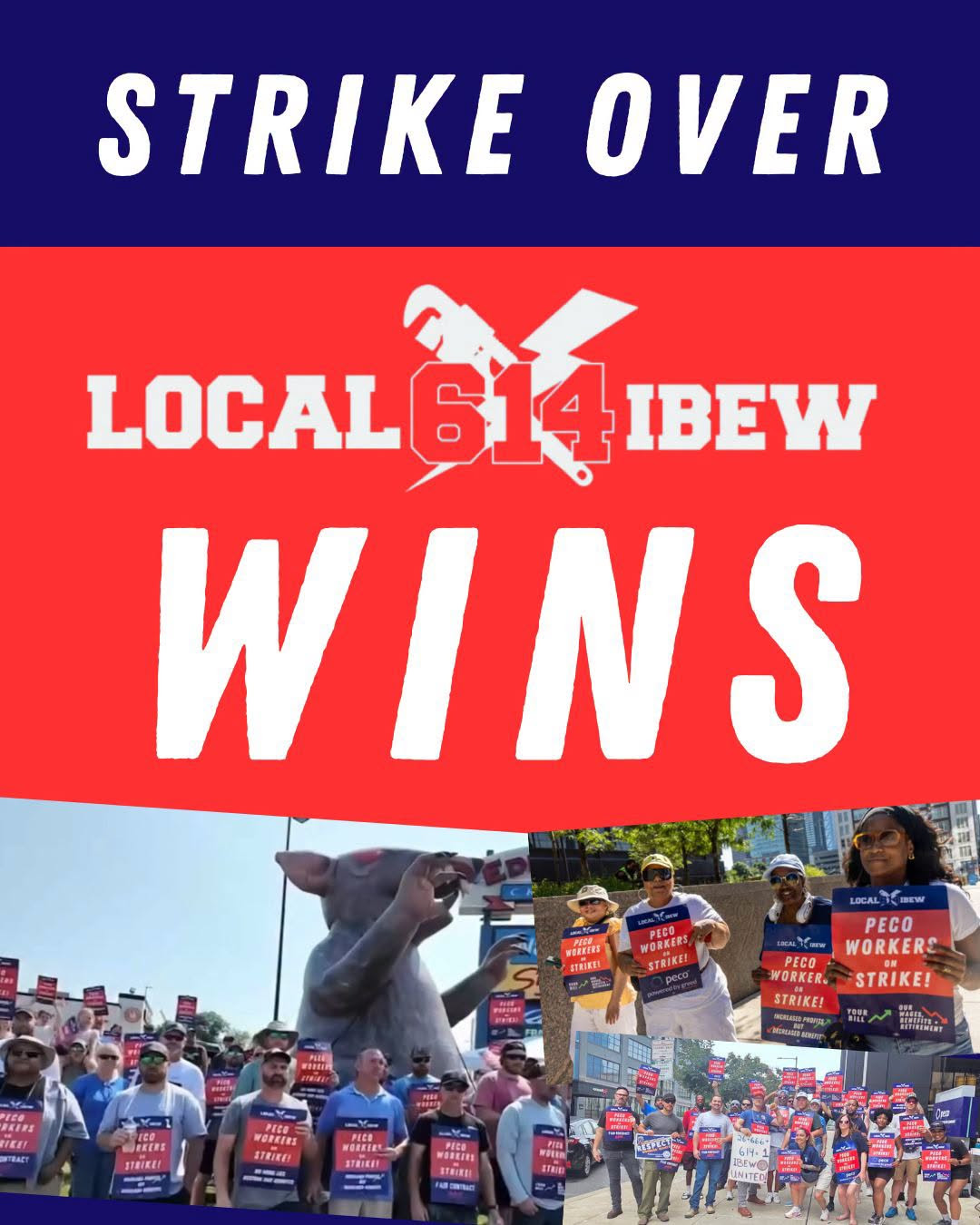 Graphic that reads, “Strike over: IBEW Local 614 wins.”