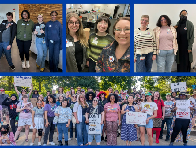 Collage of library workers posing for group pictures.