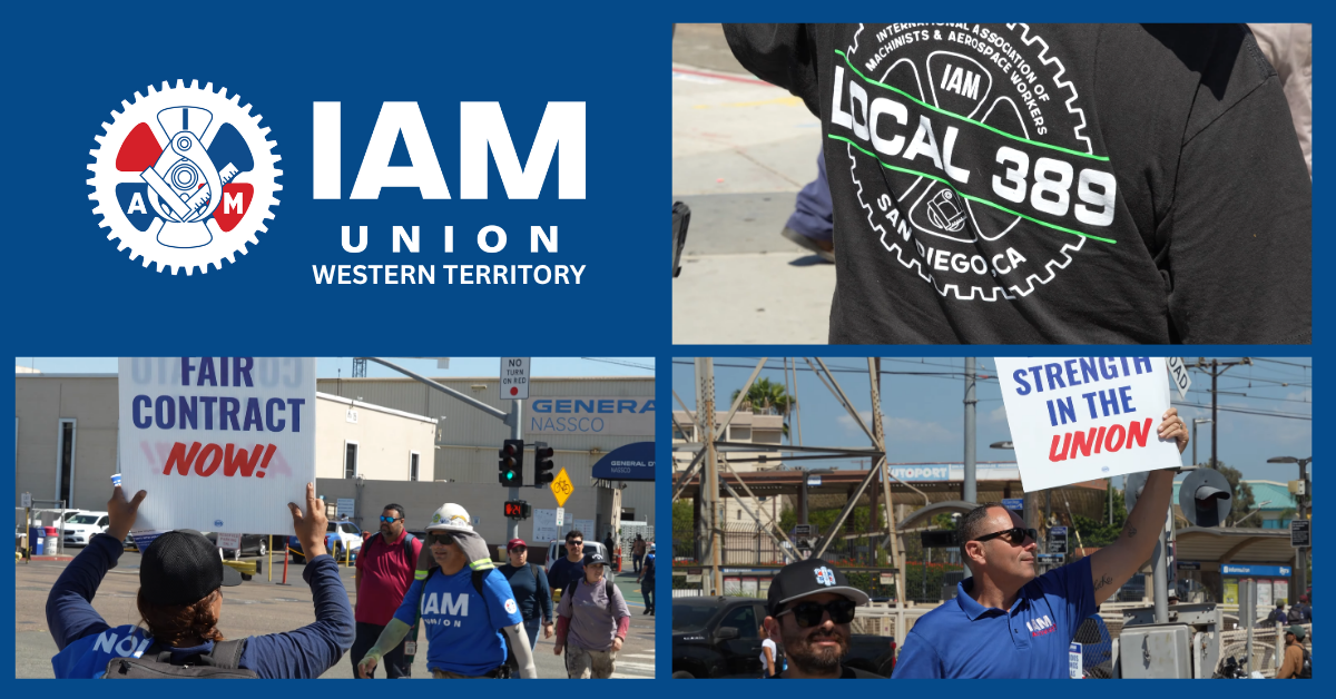 Graphic with collage of IAM Union members protesting.