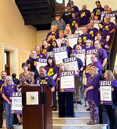 Maine SEIU members rally outside the governor’s office.