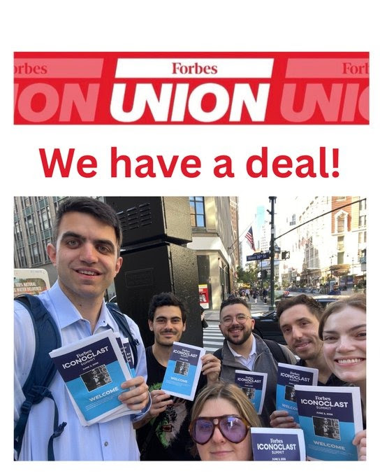 Graphic that shows Forbes workers and reads “Forbes Union: We Have a Deal”