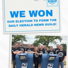 Graphic that reads “We won our election to form the Daily Herald News Guild!”