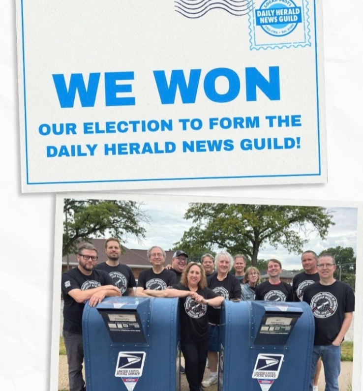 Graphic that reads “We won our election to form the Daily Herald News Guild!”