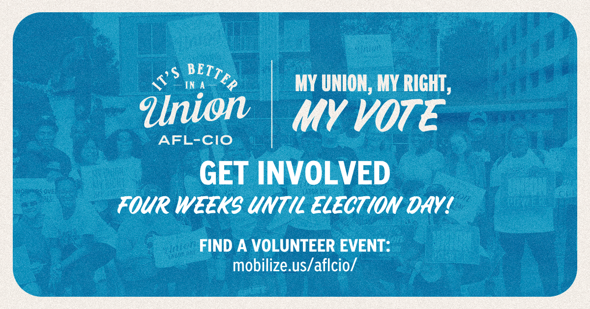 A blue banner with images of volunteers and the words “Get Involved | Four Weeks Until Election Day! Find a Volunteer Event” 